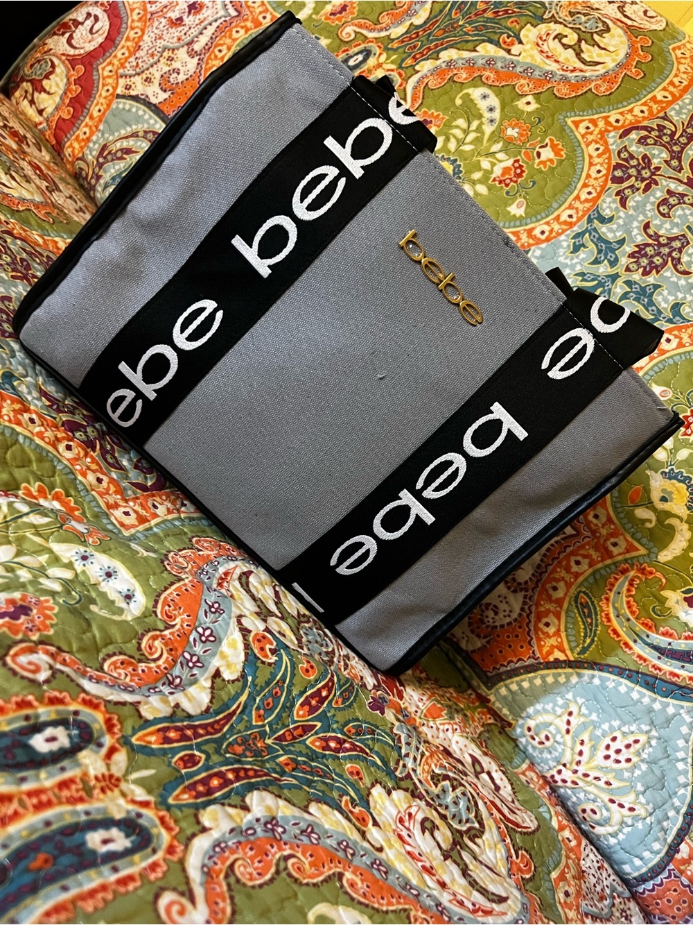 bebe Gray Canvas Toiletry Bag with Logo Straps